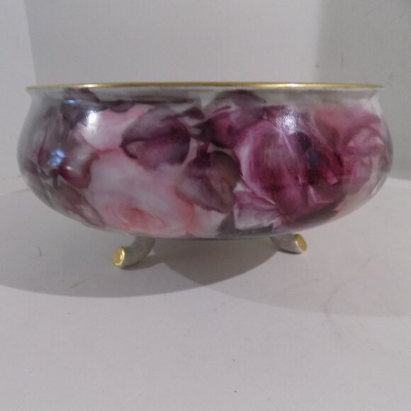 Vintage Limoges France 3 Footed Bowl Dish Pink Purple Roses - Picture 5 of 14